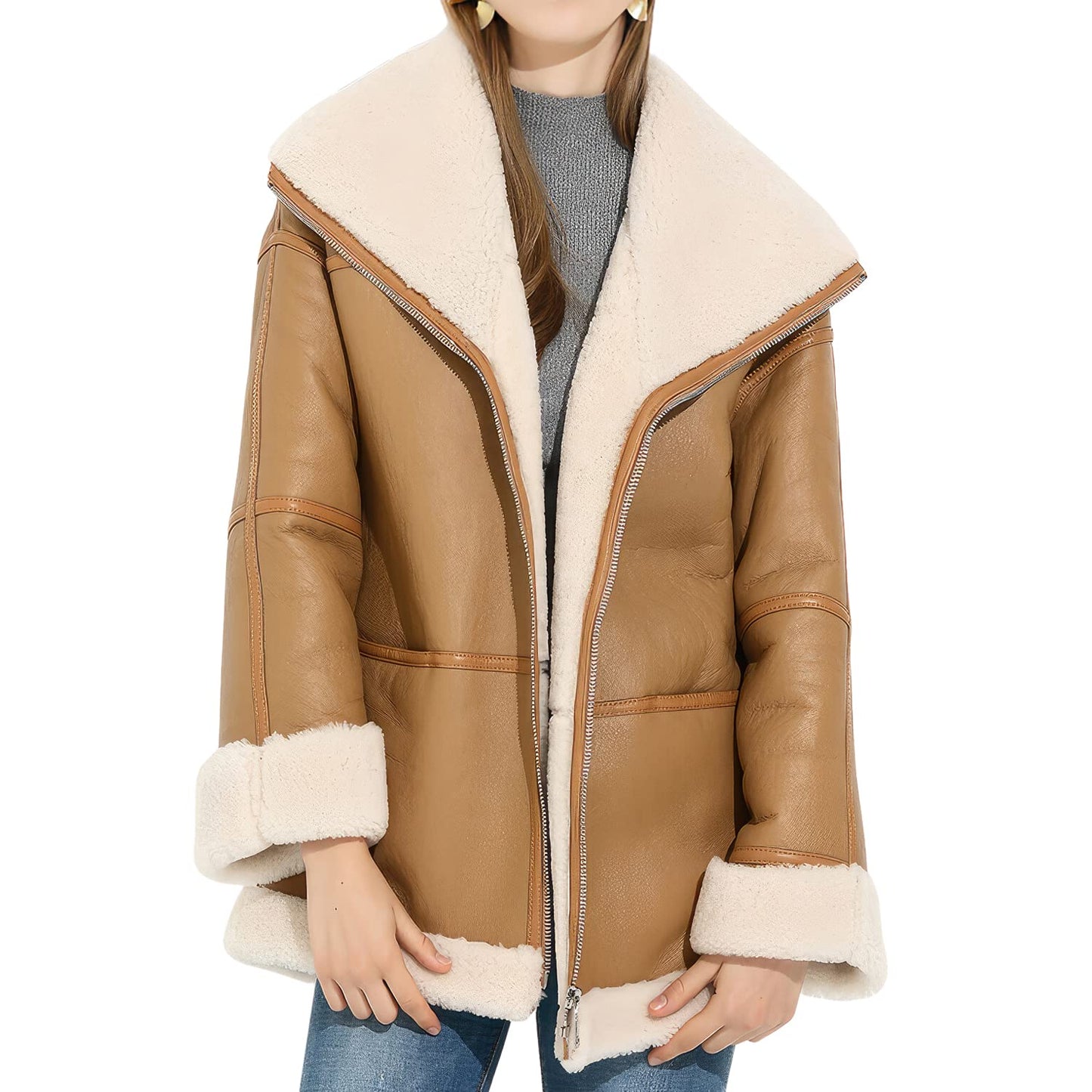 Women’s Camel Brown Sheepskin Sherpa Shearling Faux Fur Aviator Pilot Leather Jacket