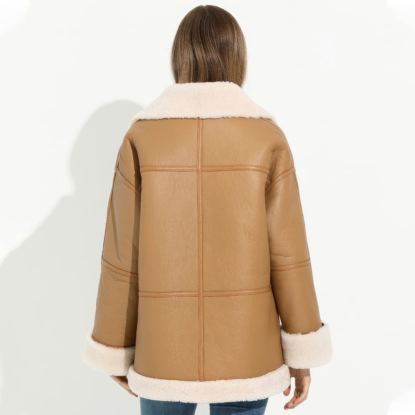 Women’s Camel Brown Sheepskin Sherpa Shearling Faux Fur Aviator Pilot Leather Jacket