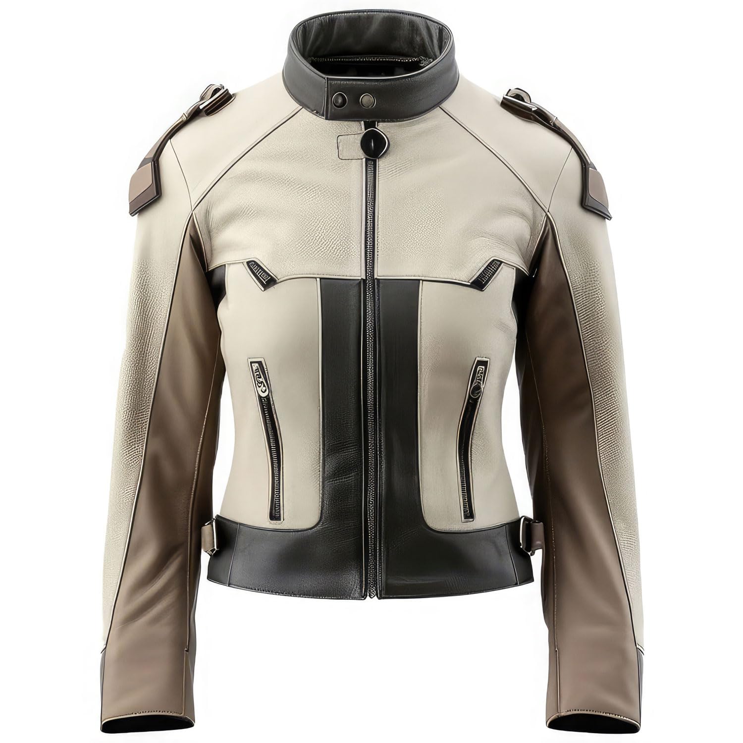 Women’s Cream Black Sheepskin Biker Leather Jacket with Stand Collar – Arna Luxe