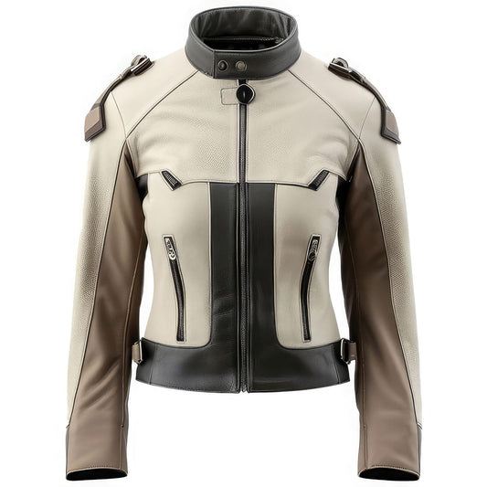 Women’s Cream Black Sheepskin Biker Leather Jacket with Stand Collar – Arna Luxe