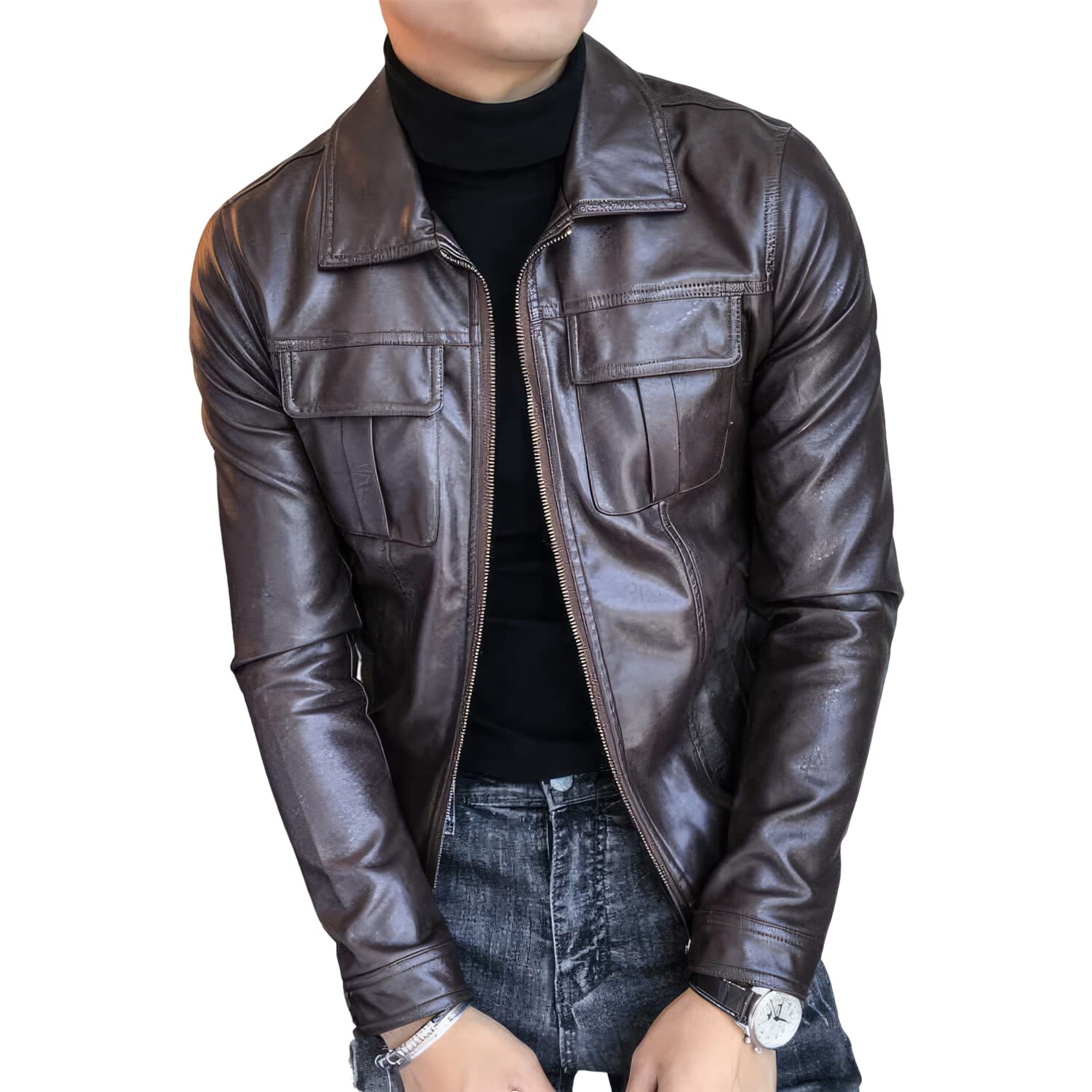 Brown leather jacket worn by a person on a white background
