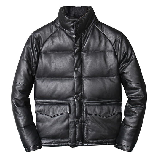 Men's Black Sheepskin High Neck Puffer Jacket - Thick Winter Warm Casual Sporty