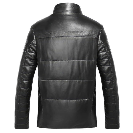 Men’s Black Sheepskin Puffer Jacket with Faux Fur Collar and Quilted Shoulders