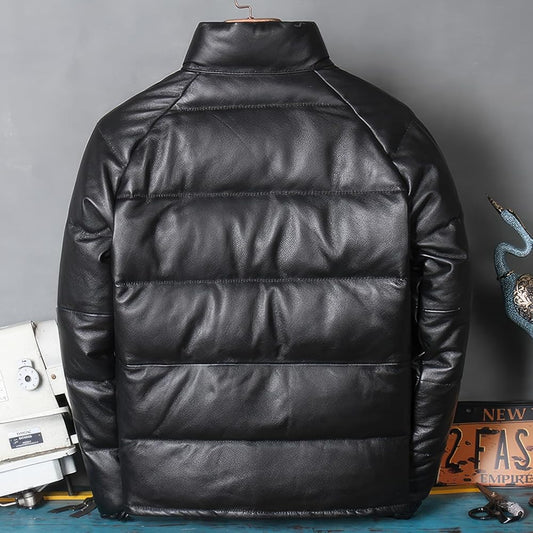 Men's Black Sheepskin High Neck Puffer Jacket - Thick Winter Warm Casual Sporty
