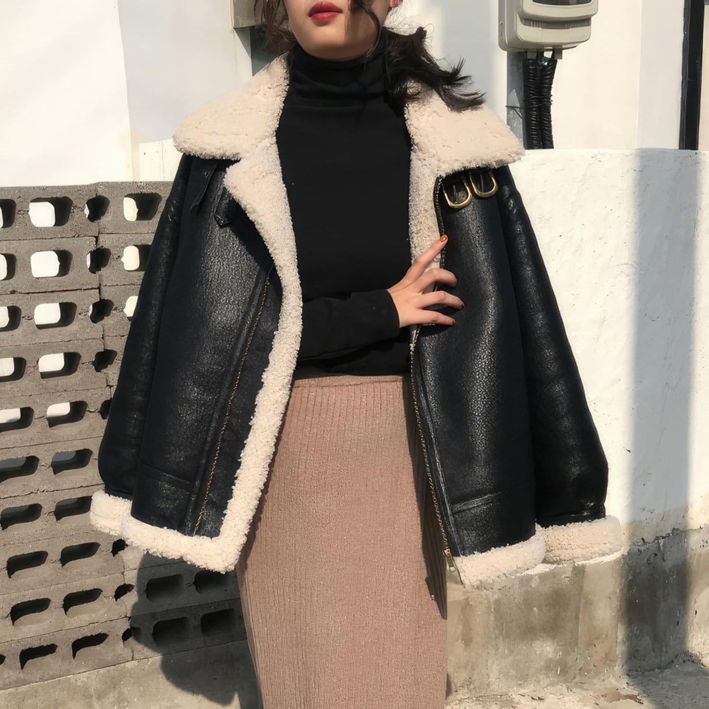 Women’s Black Sheepskin Bomber Aviator Jacket with Sherpa Faux Fur Lining – Arna Luxe