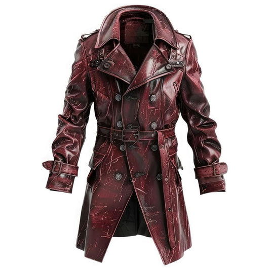 Men’s Distressed Maroon Sheepskin Notch Lapel Vintage Lightweight Military Leather Coat