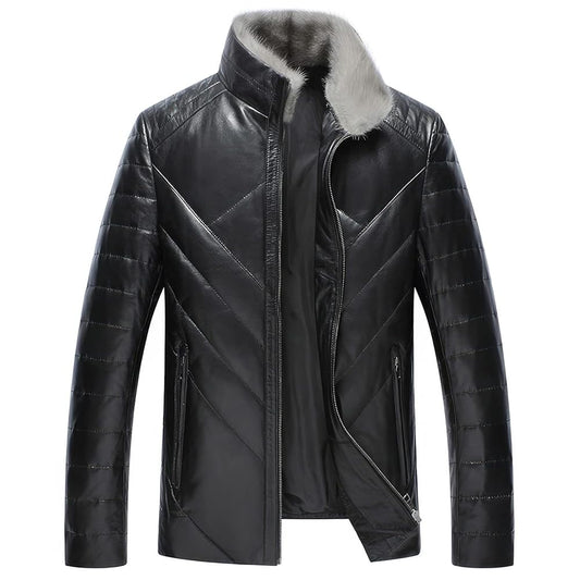 Men’s Black Sheepskin Puffer Jacket with Faux Fur Collar and Quilted Shoulders