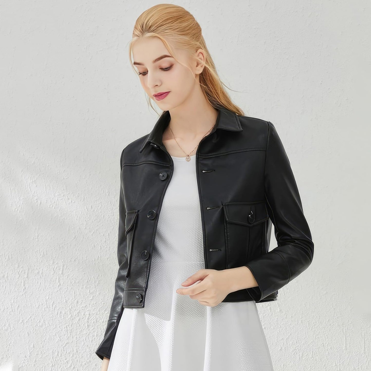 Women’s Black Sheepskin Biker Leather Jacket with Shirt Collar – Arna Luxe