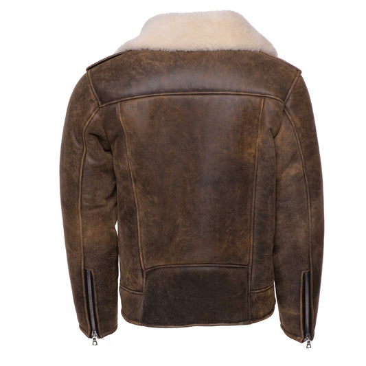 Carter’s Distressed Biker Jacket for men – brown leather shearling bomber with notch lapels and vintage finish