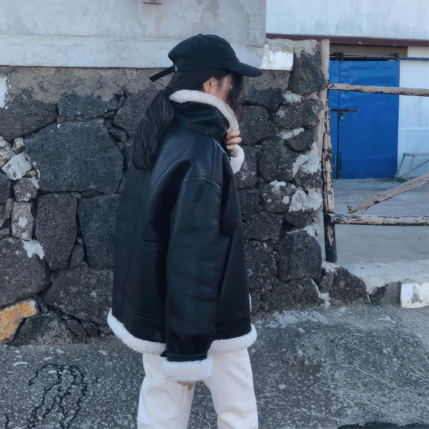 Women’s Black Sheepskin Bomber Aviator Jacket with Sherpa Faux Fur Lining – Arna Luxe