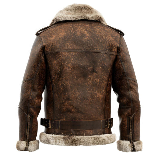 Men’s Distressed Sheepskin Aviator B3 Bomber Jacket with Faux Fur Lining