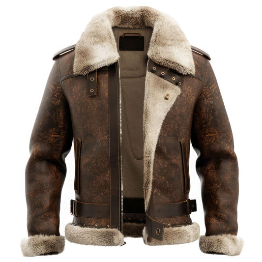 Men’s Distressed Sheepskin Aviator B3 Bomber Jacket with Faux Fur Lining