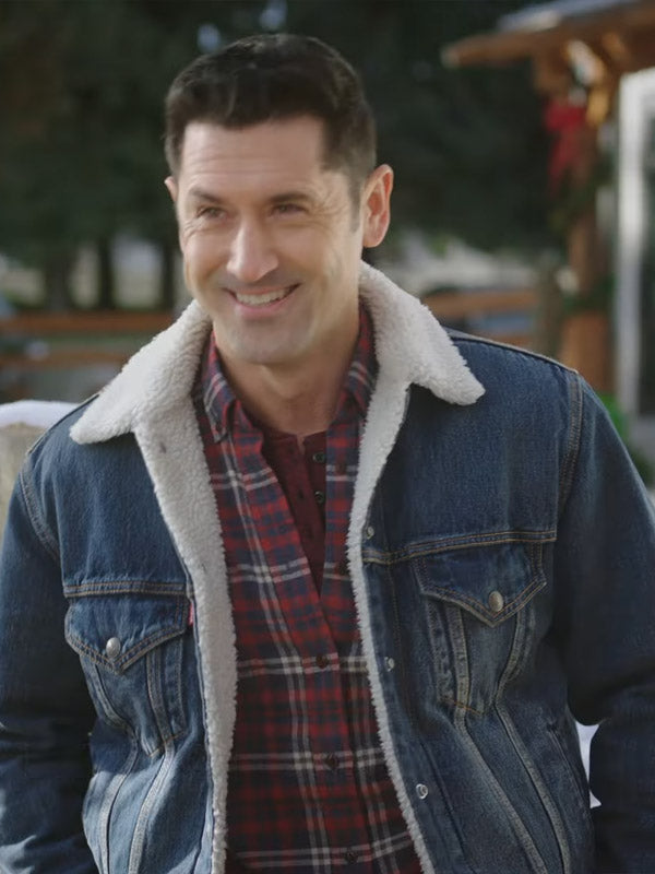Andy Holliday blue denim jacket inspired by A Cozy Christmas Inn holiday fashion