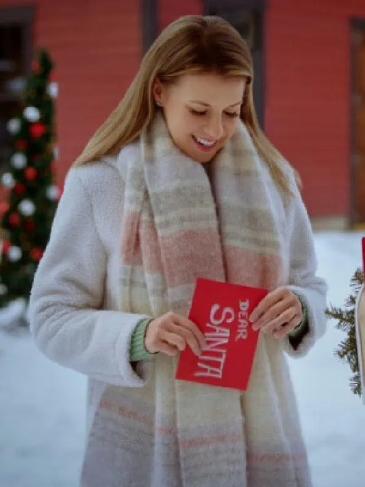 "White shearling winter coat inspired by Jodie Sweetin in A Cozy Christmas Inn."