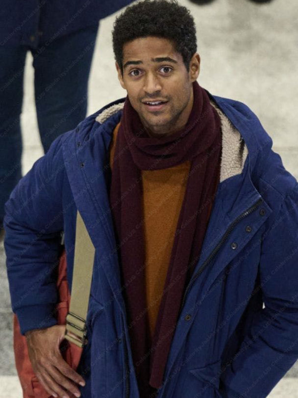 "Blue cotton hooded jacket inspired by Alfred Enoch in This Is Christmas."