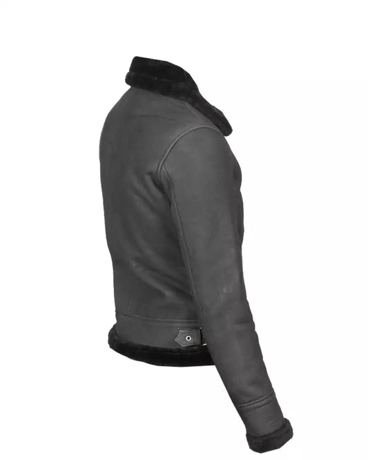 Black Shearling B-3 Leather Bomber Grey Jacket