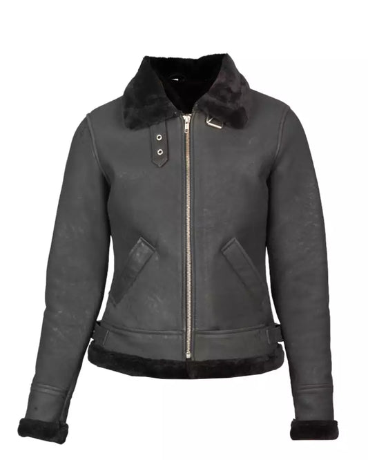 Black Shearling B-3 Leather Bomber Grey Jacket