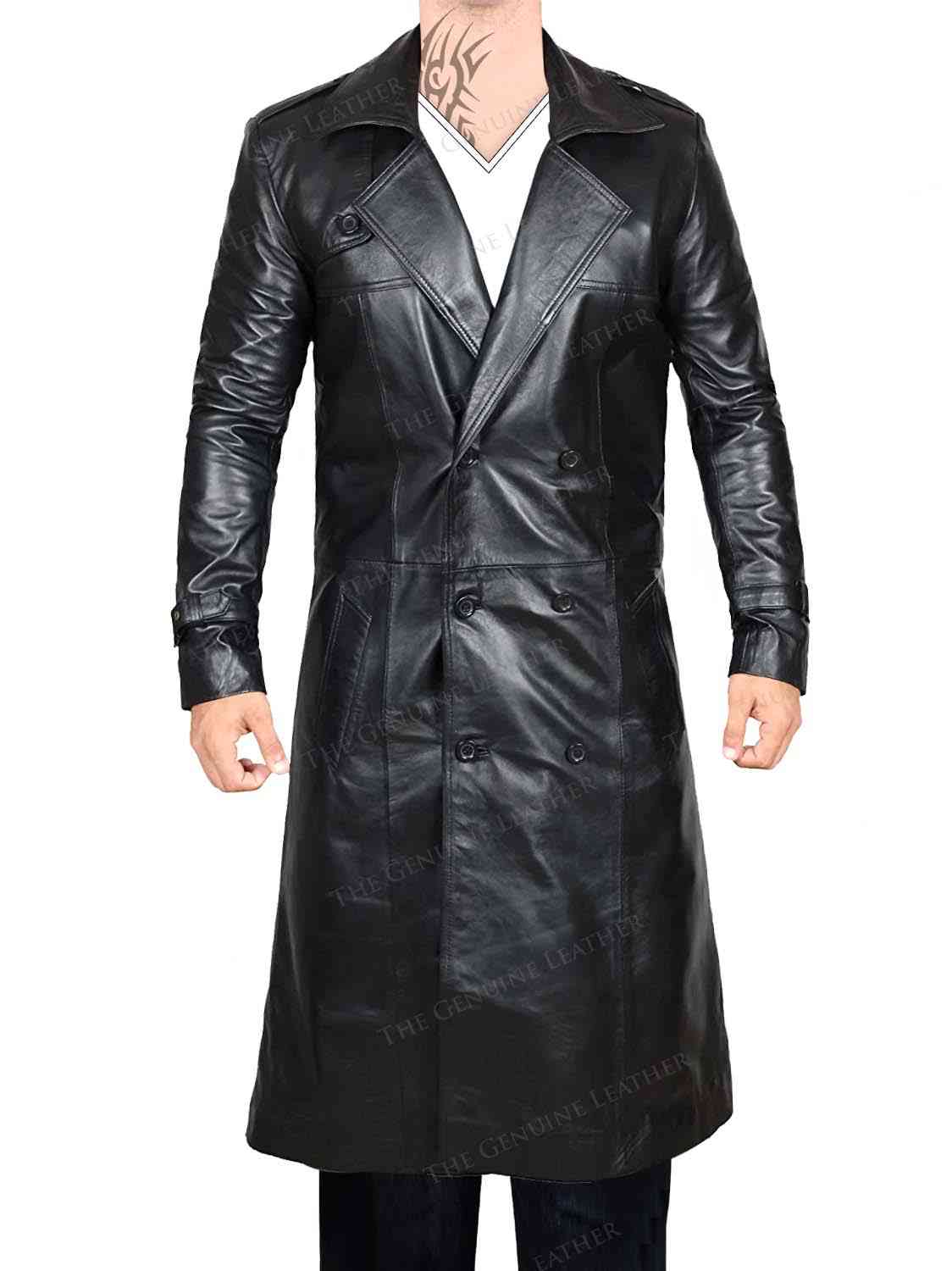 Black Trench Distressed Leather Coat