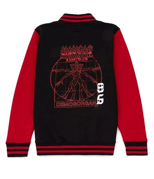 Demogorgon Varsity Jacket inspired by Stranger Things, wool body with leather sleeves and monster-themed details