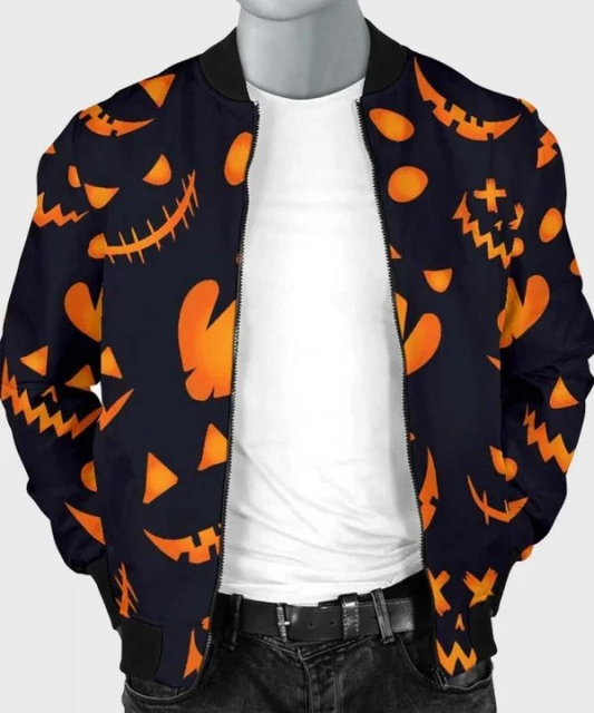 Black bomber jacket Halloween outfit with orange pumpkin print 2025