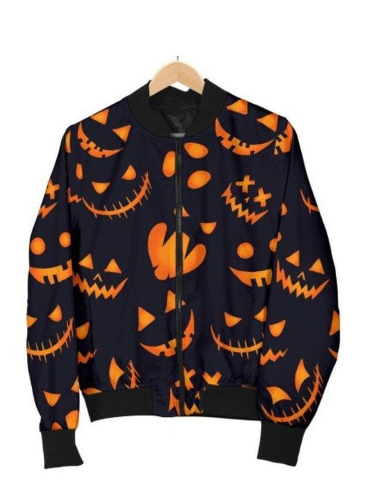 Black bomber jacket Halloween outfit with orange pumpkin print 2025