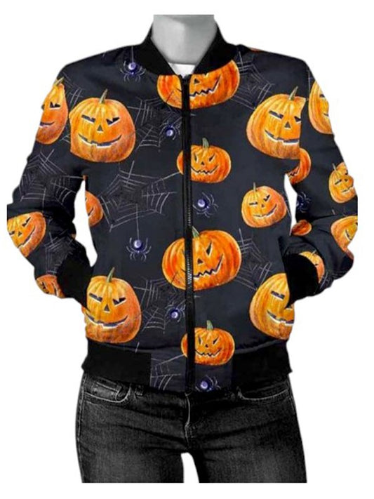 Black bomber jacket Halloween outfit with pumpkin and spider print