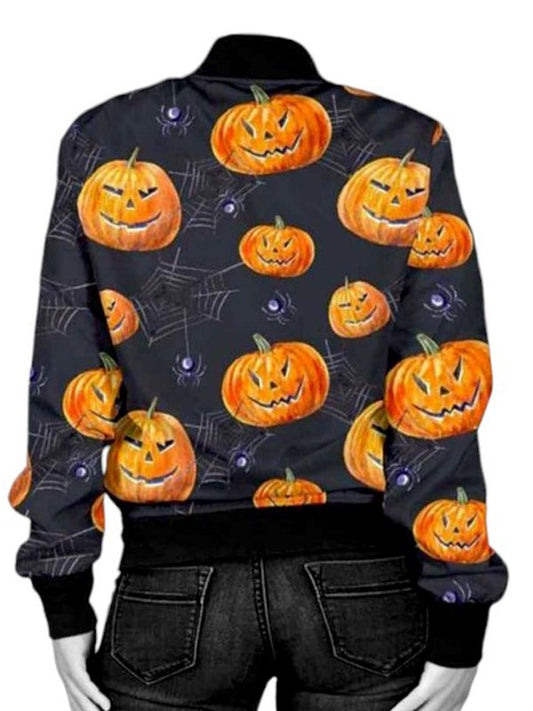 Black bomber jacket Halloween outfit with pumpkin and spider print