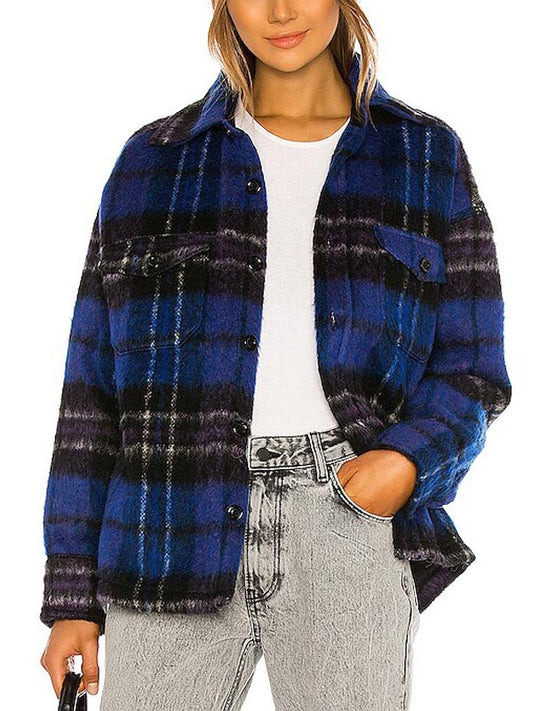 woman wearing Johanne blue plaid wool jacket with Home For Christmas style