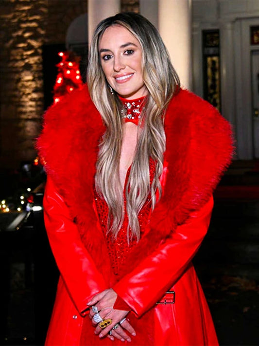 Lainey Wilson red faux leather coat with faux fur trim – festive Christmas outerwear for women