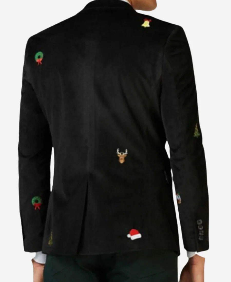 “Men’s Christmas Velvet Blazer in Burgundy, Blue & Black – Elegant Tuxedo Style Holiday Jacket”