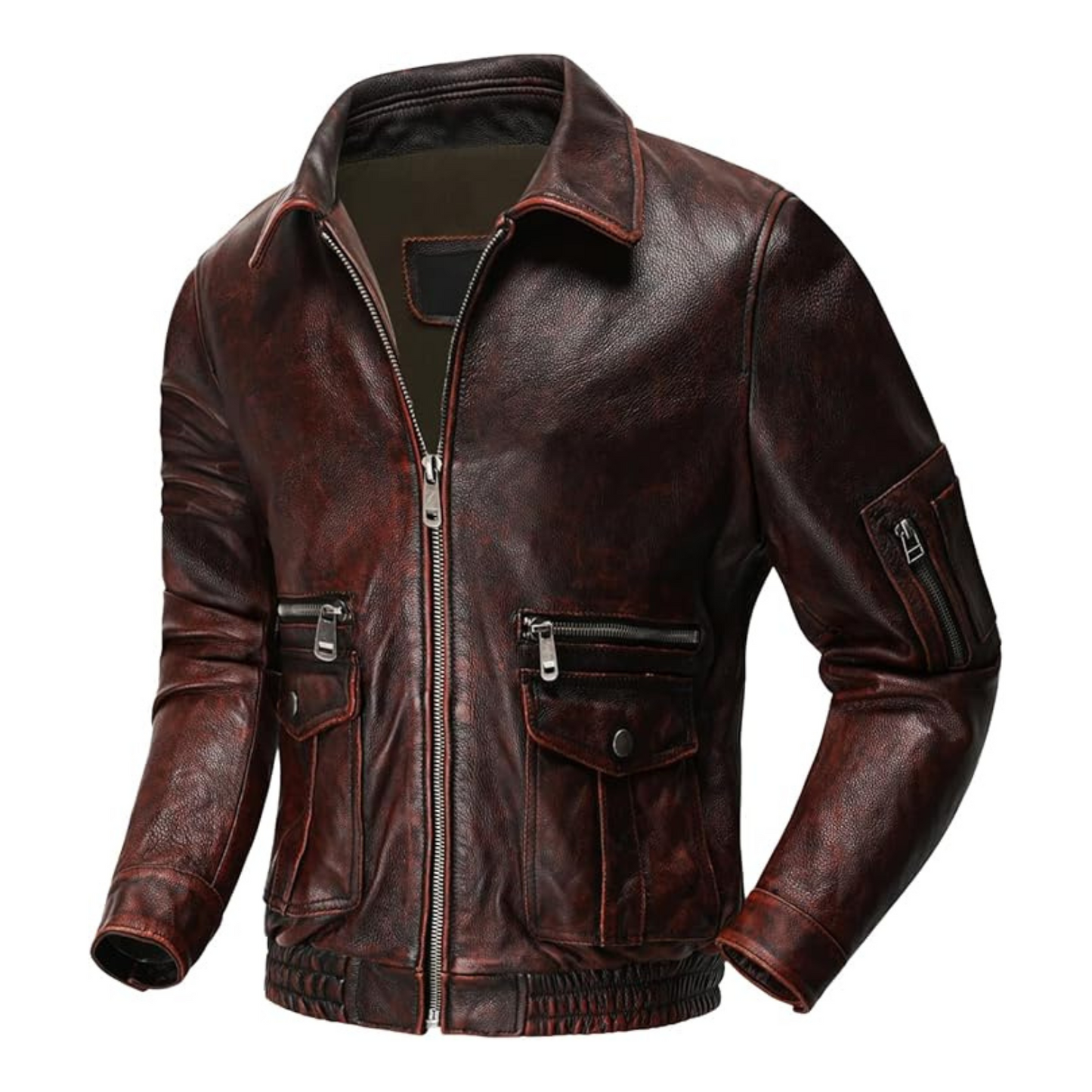 Brown leather jacket with zippers on a white background