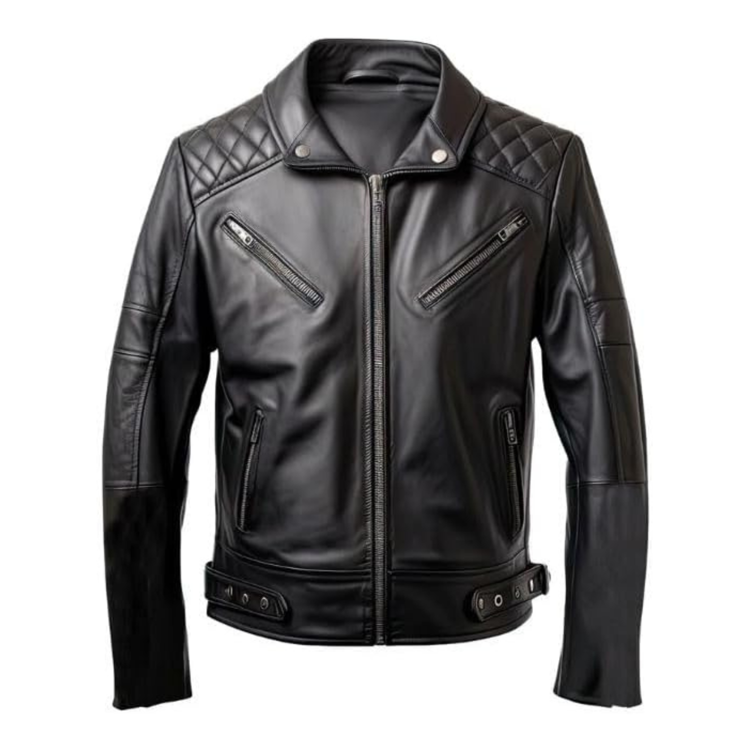 Black leather jacket with quilted collar on a white background