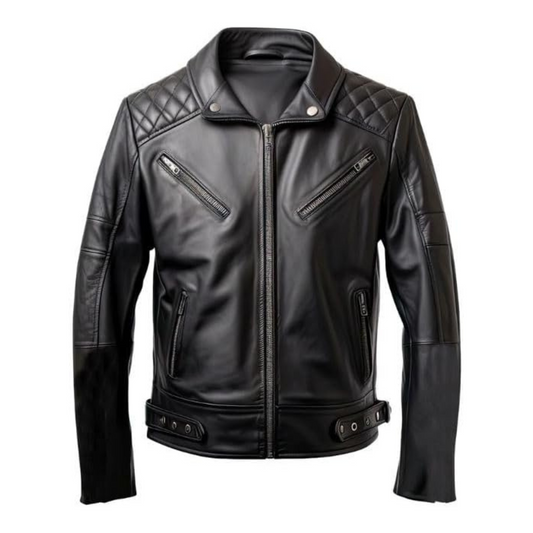 Black leather jacket with quilted collar on a white background