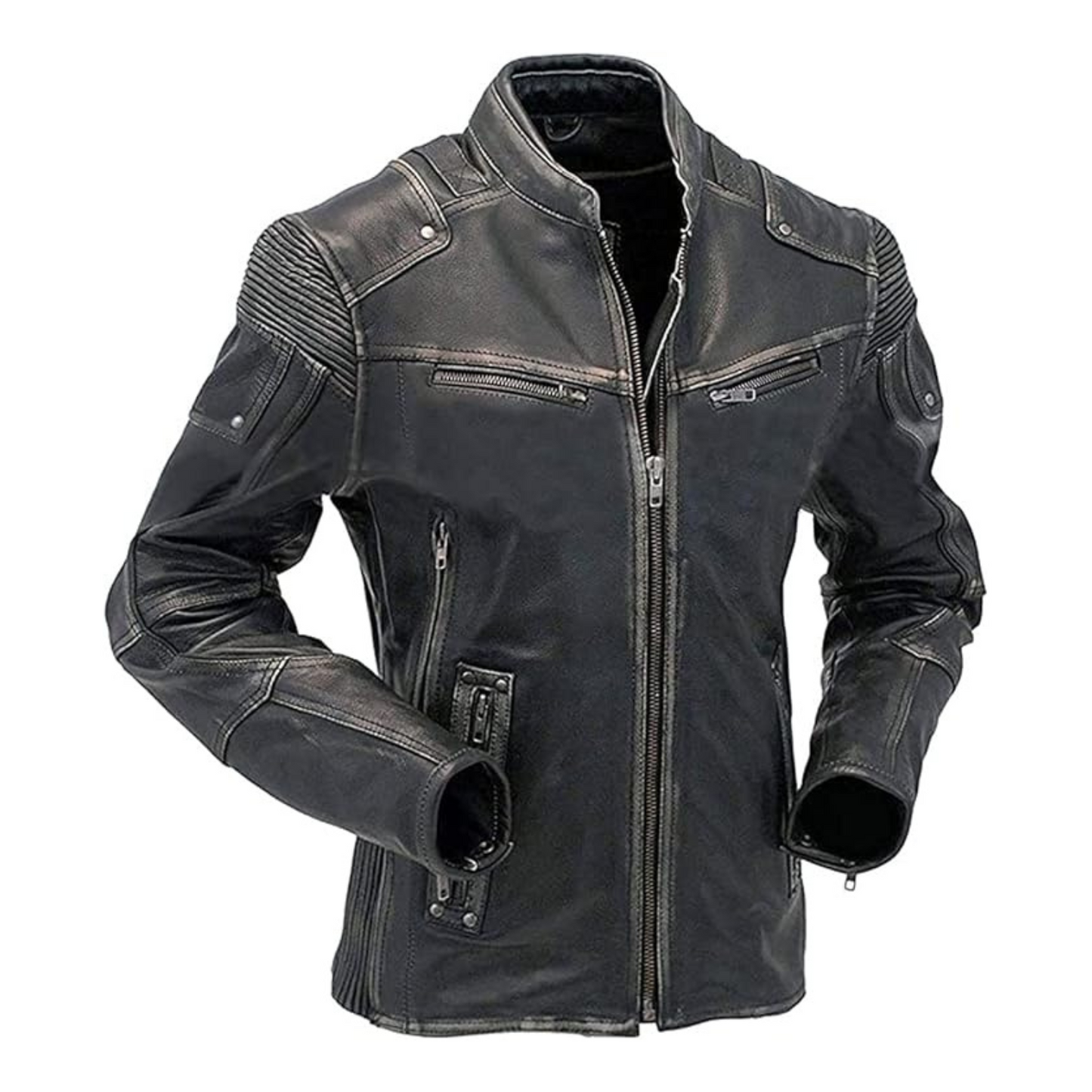 Black leather jacket with zippers and stitching details on a white background