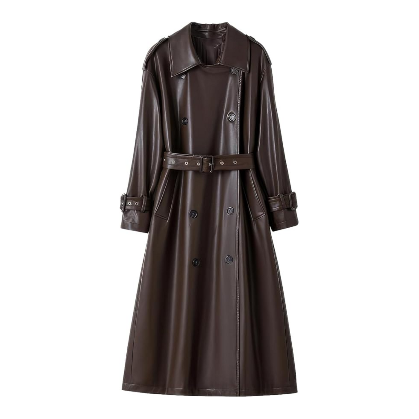 Brown leather trench coat on a white background