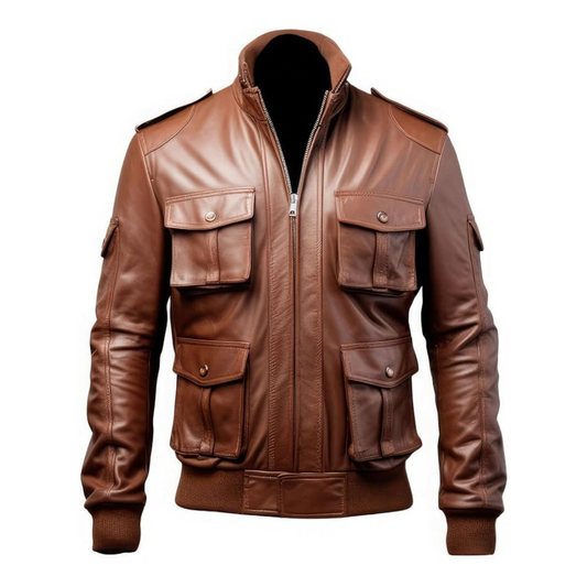 Brown leather jacket with multiple pockets on a white background