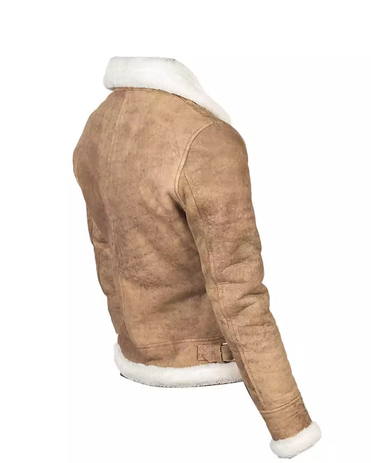 White Shearling B-3 Leather Bomber Distressed Beige Jacket