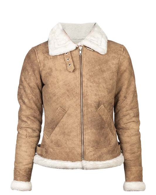 White Shearling B-3 Leather Bomber Distressed Beige Jacket