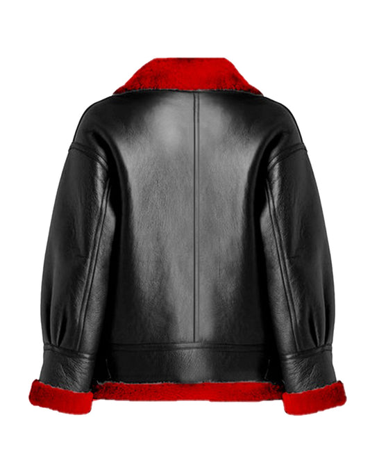 Women’s Aviator Leather Jacket with Red Shearling