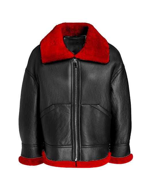 Women’s Aviator Leather Jacket with Red Shearling