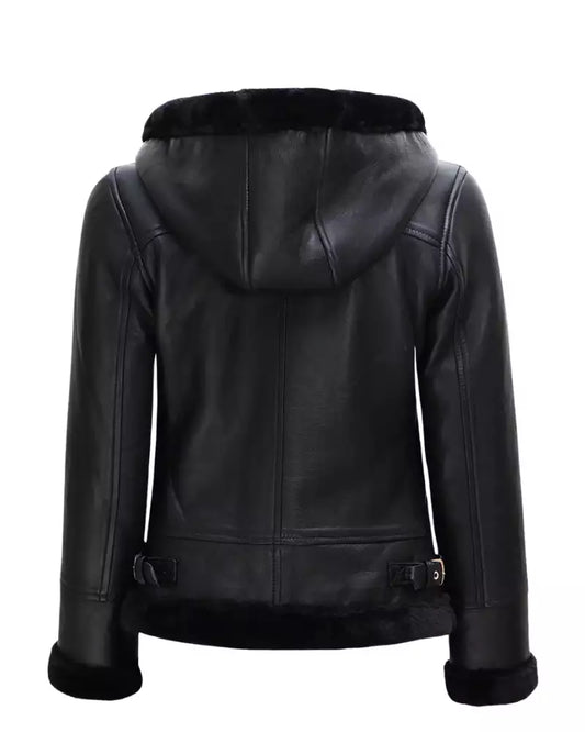 Women’s Black Shearling Leather Jacket With Hood