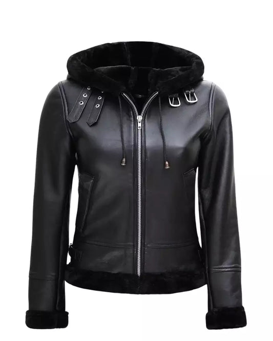 Women’s Black Shearling Leather Jacket With Hood