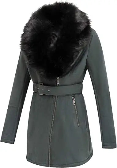 Women’s Green Leather Fur Pea Coat