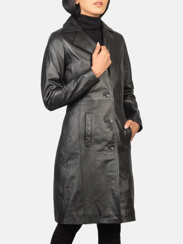 Alexis Single Breasted Black Leather Coat