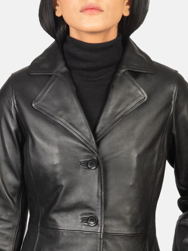 Alexis Single Breasted Black Leather Coat