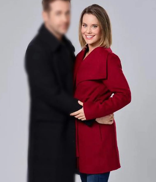 "Women’s red wool trench coat inspired by Maggie O’Donnell from Never Kiss a Man in a Christmas Sweater."