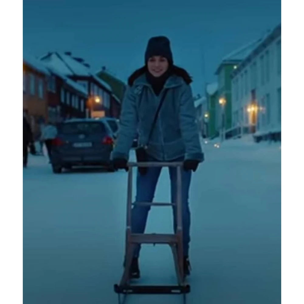 woman wearing Johanne hooded leather jacket with Home For Christmas style