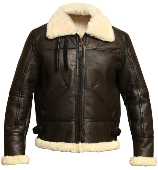 Brown leather jacket with white fur lining on a white background