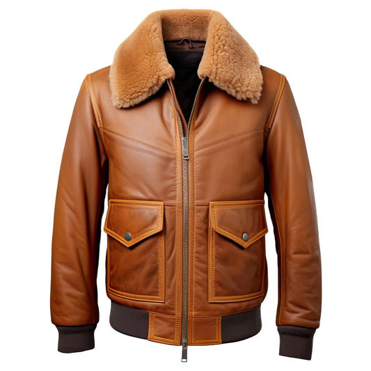 Brown leather jacket with fur collar on a white background