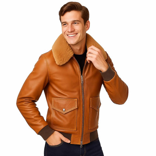Man wearing a brown leather jacket with a white background